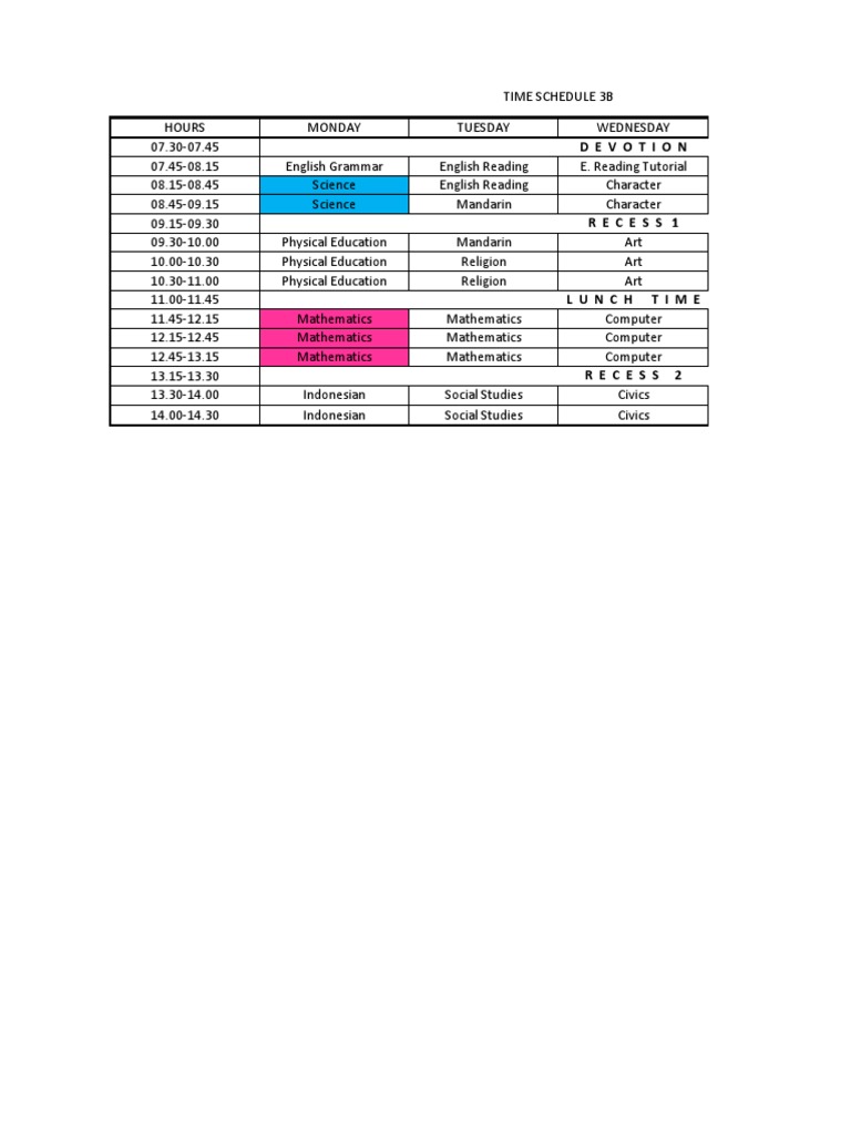 Weekly Class Schedule for Grade 3B | PDF | Language Arts & Discipline