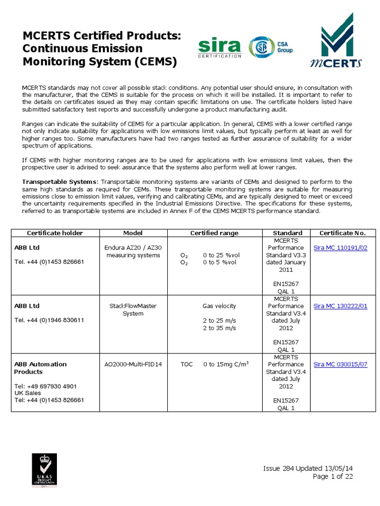 MCERTS Certified Products CEMS Calibration Chemistry