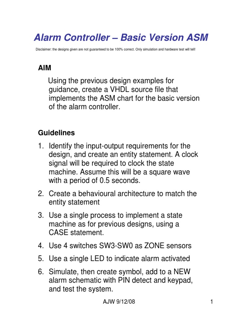 Alarm Controller - Basic Version ASM | PDF | Vhdl | Light Emitting Diode