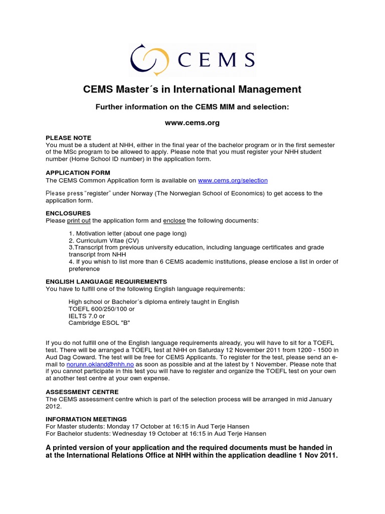 CEMS MIM Application Guide for NHH Students | PDF | Career & Growth