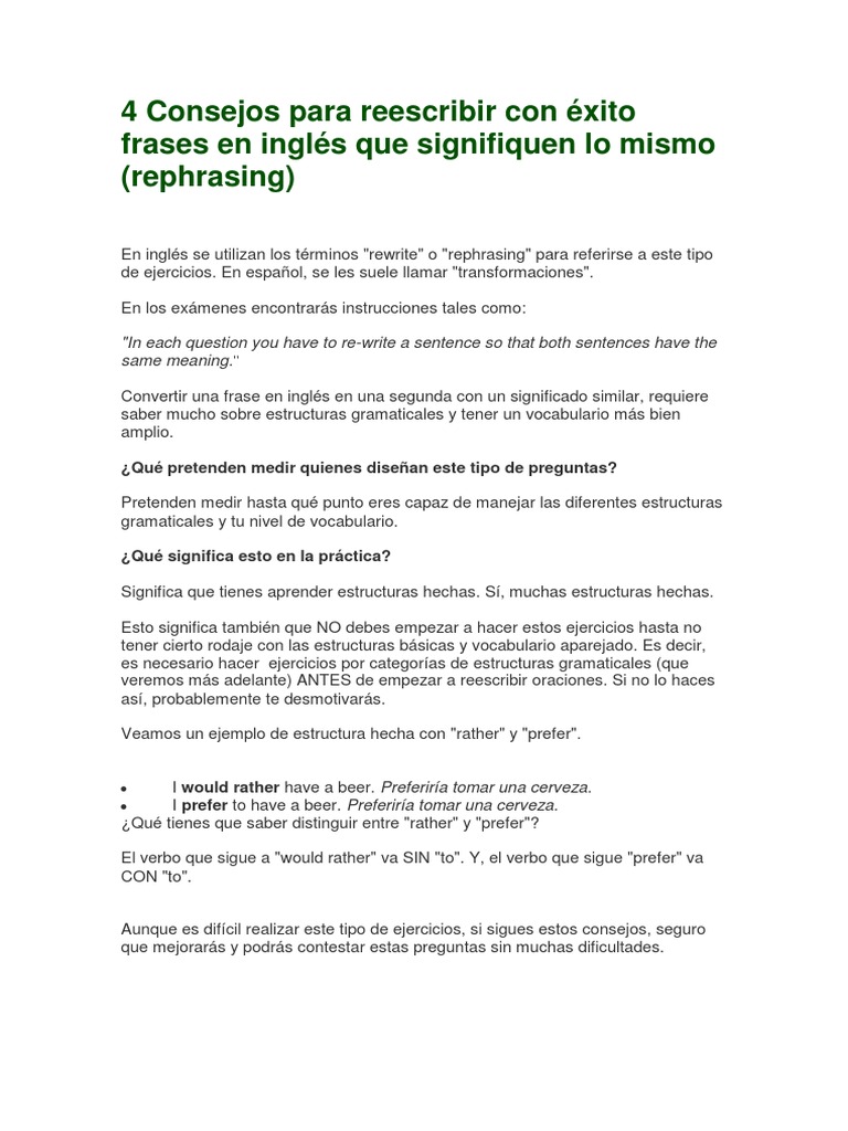 4 Consejos Para Reescribir Con Exito Frases En Ingles Que Signifiquen Lo Mismo Adverbio Verbo