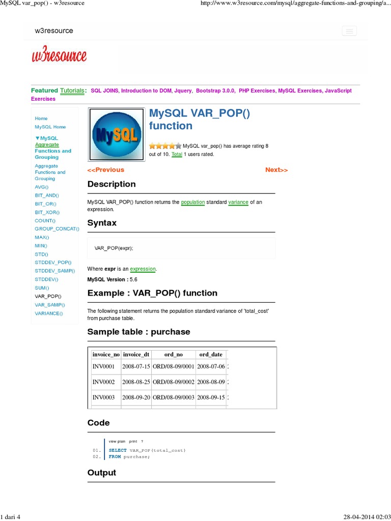 MySQL Var - Pop - W3resource | PDF | My Sql | Php