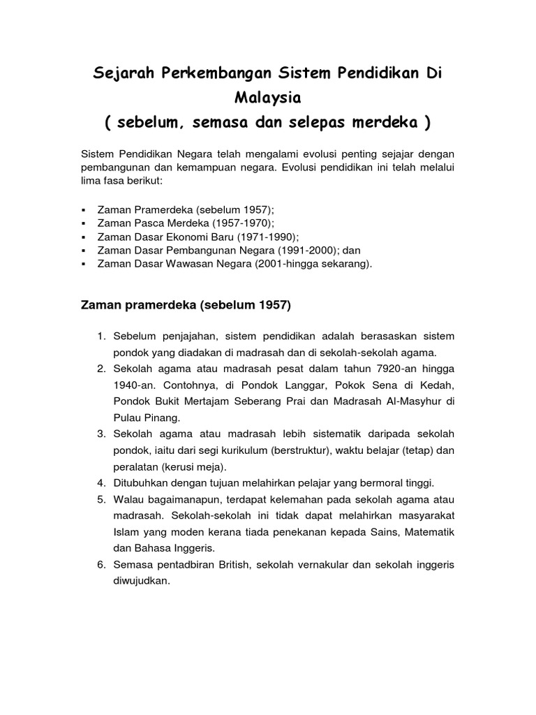 Sejarah Perkembangan Sistem Pendidikan Di Malaysia Pdf