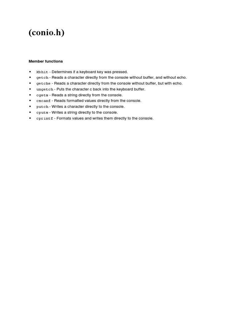 Overview of conio.h Functions | PDF | Computers