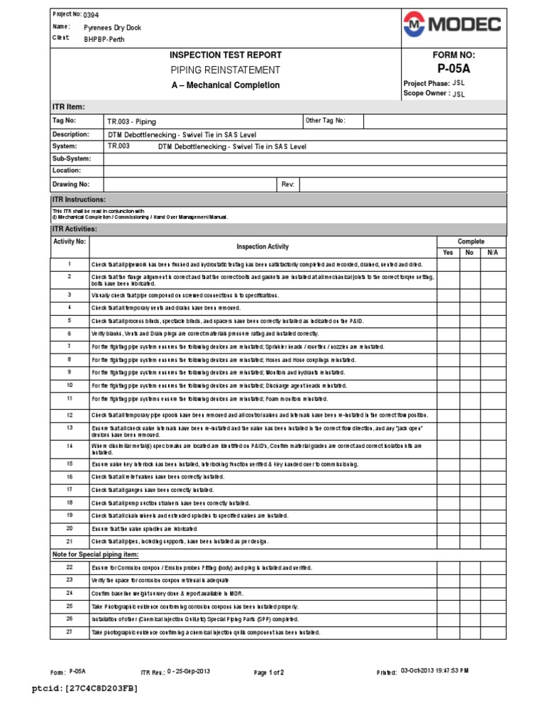 Piping Reinstatement Inspection Report | PDF | Firefighting | Pipe ...