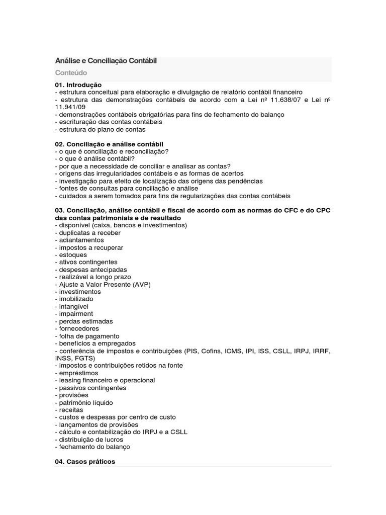 Análise e Conciliação Contábil - TÓPICOS de CURSO | PDF | Contabilidade ...