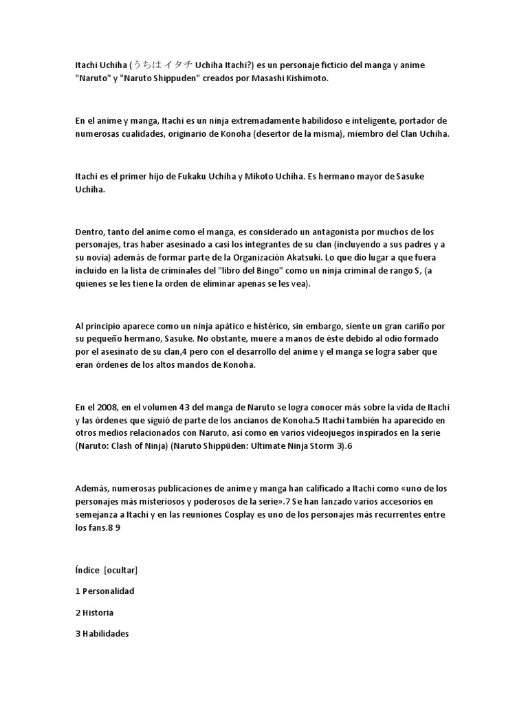 Cual Era La Enfermedad De Itachi Itachi Uchiha | PDF | Mitologia Artificial | Agentes secretos ficticios y  espías