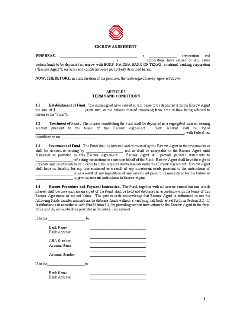 Standard Escrow Agreement Real Estate Property