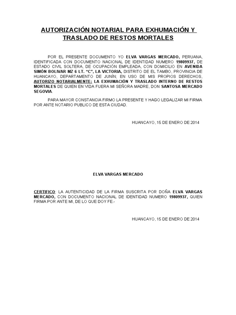 Autorización Notarial Para Cremacion