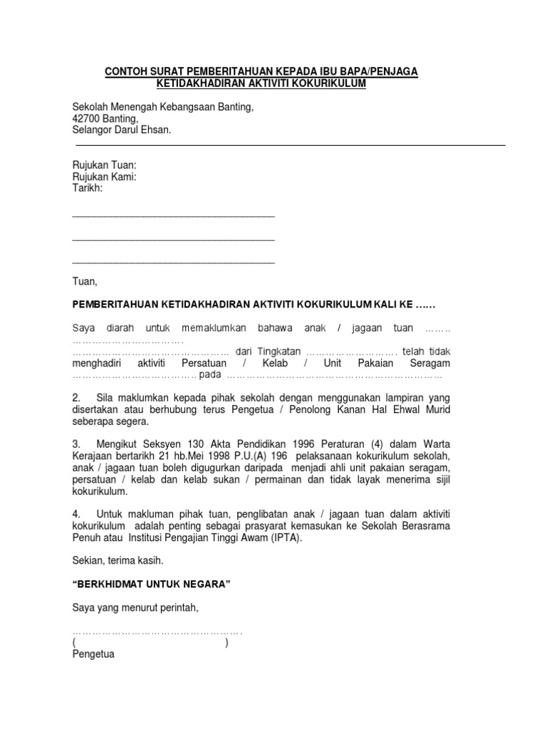 Contoh Surat Pemberitahuan Ketidakhadiran Kepada Ibu Bapa Pdf