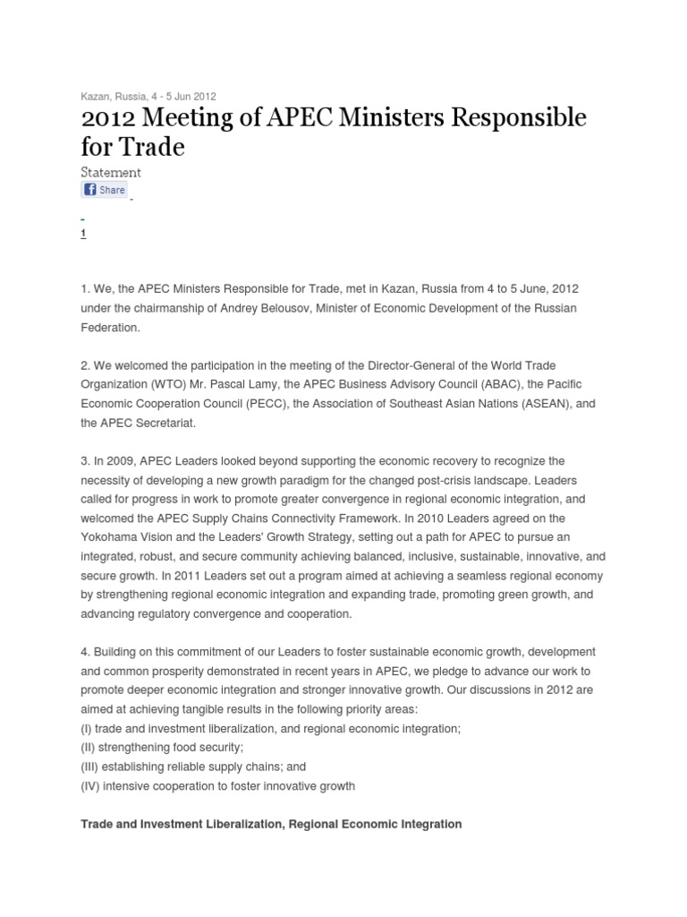 Apec 2012 Statement | PDF | Asia Pacific Economic Cooperation | Supply ...