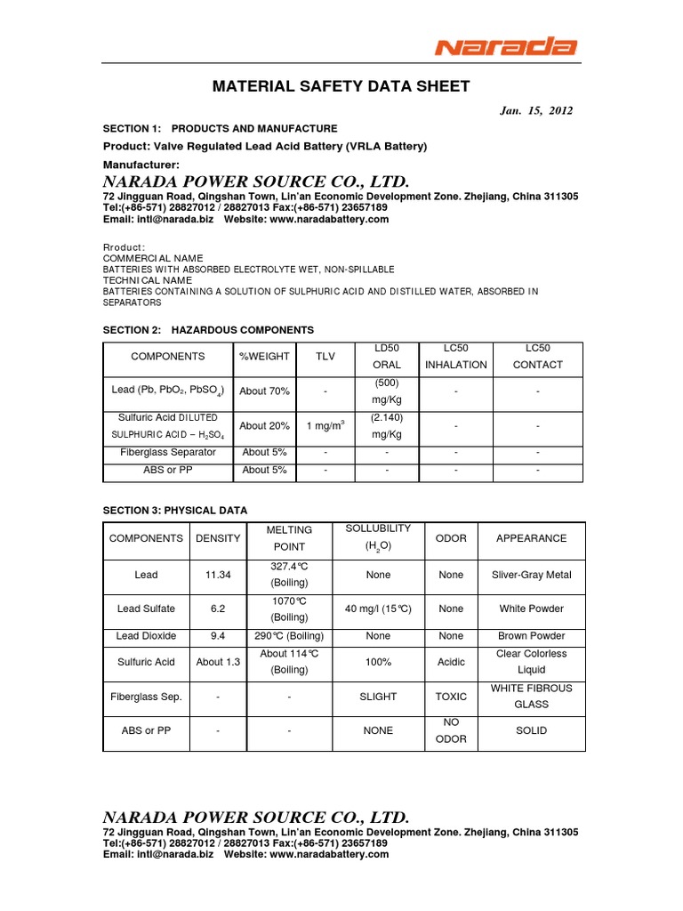 MSDS Sulfuric Acid Battery (Electricity)