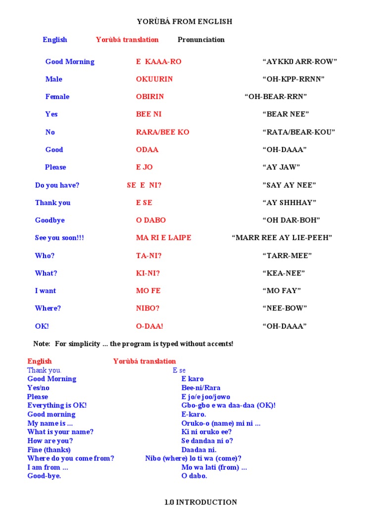 Yoruba From English