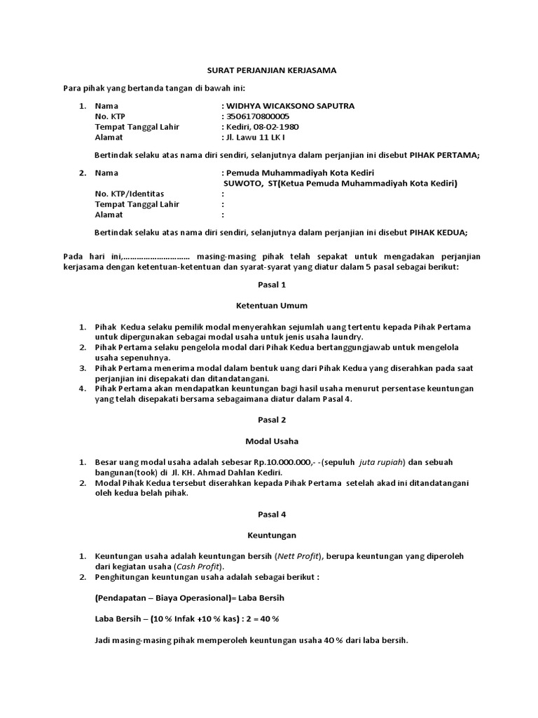 Contoh Format Surat Perjanjian Kontrak Kerjasama