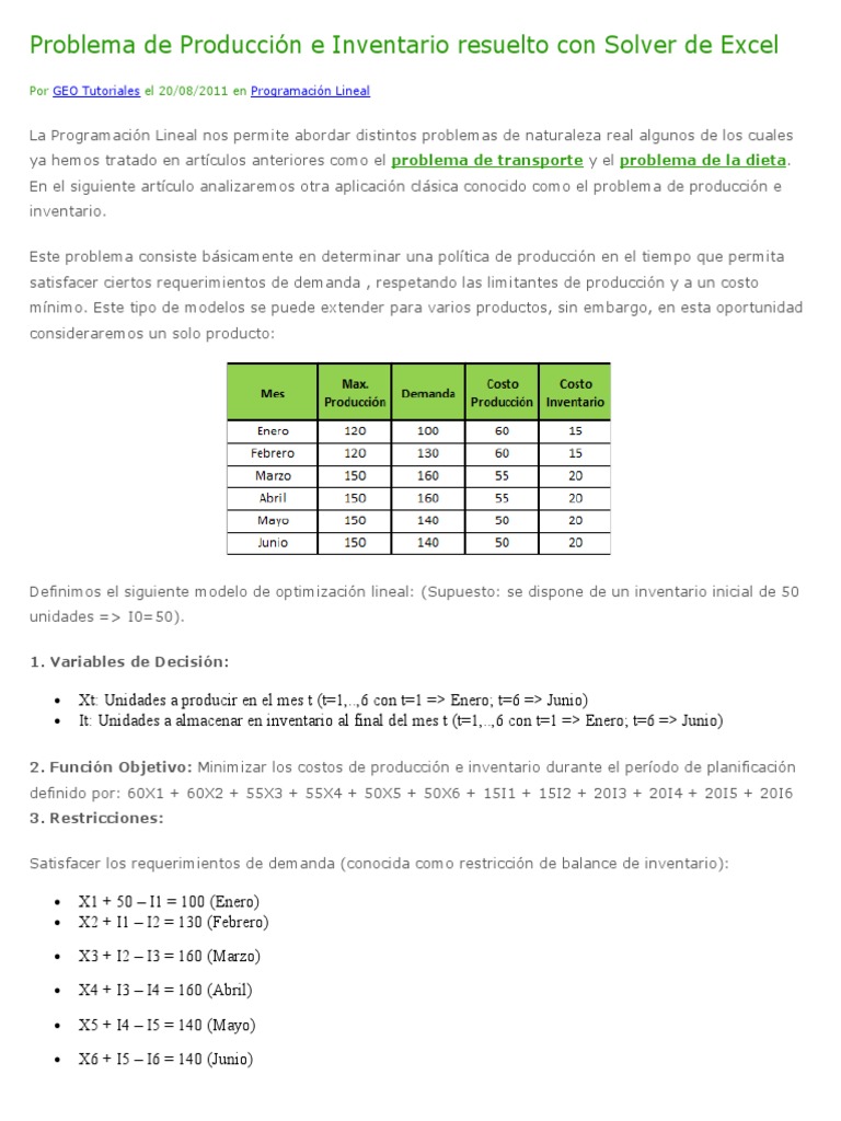 Problemas de IO Resuelto Con Solver de Excel | PDF | Inventario ...