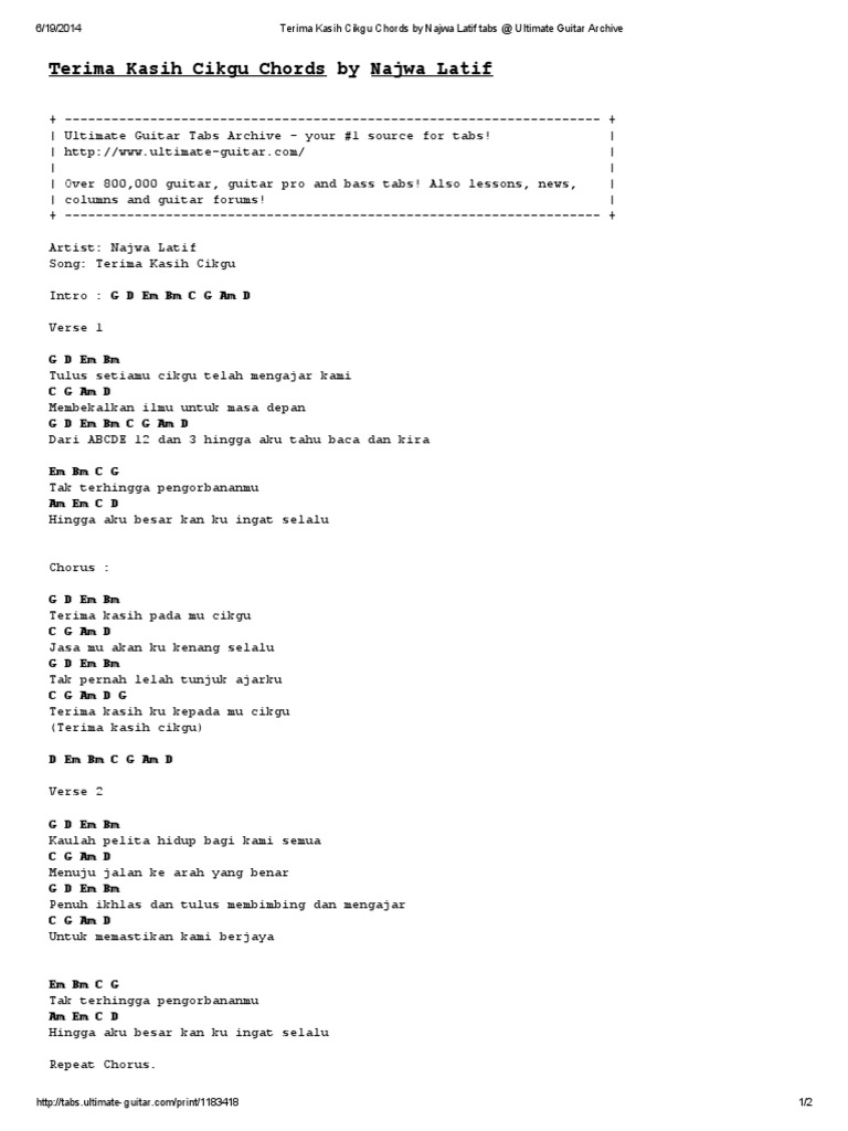 Terima Kasih Cikgu Chords By Najwa Latif Tabs At Ultimate Guitar Archive Pdf