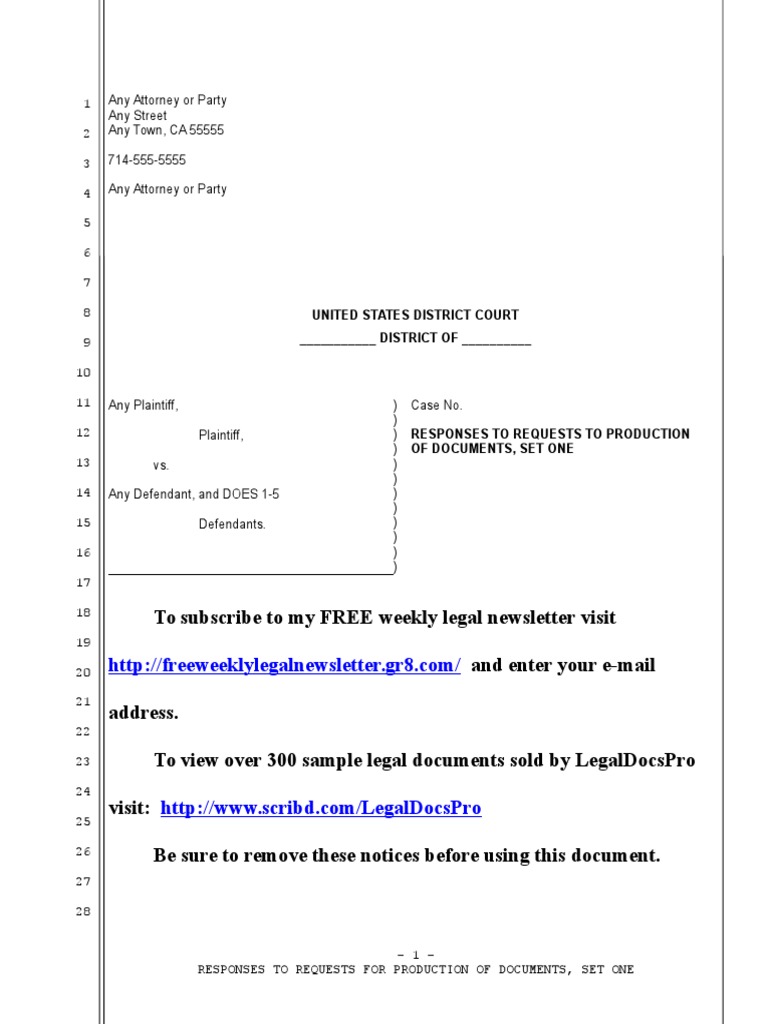 Sample Responses to Request for Production of Documents Under Rule 34