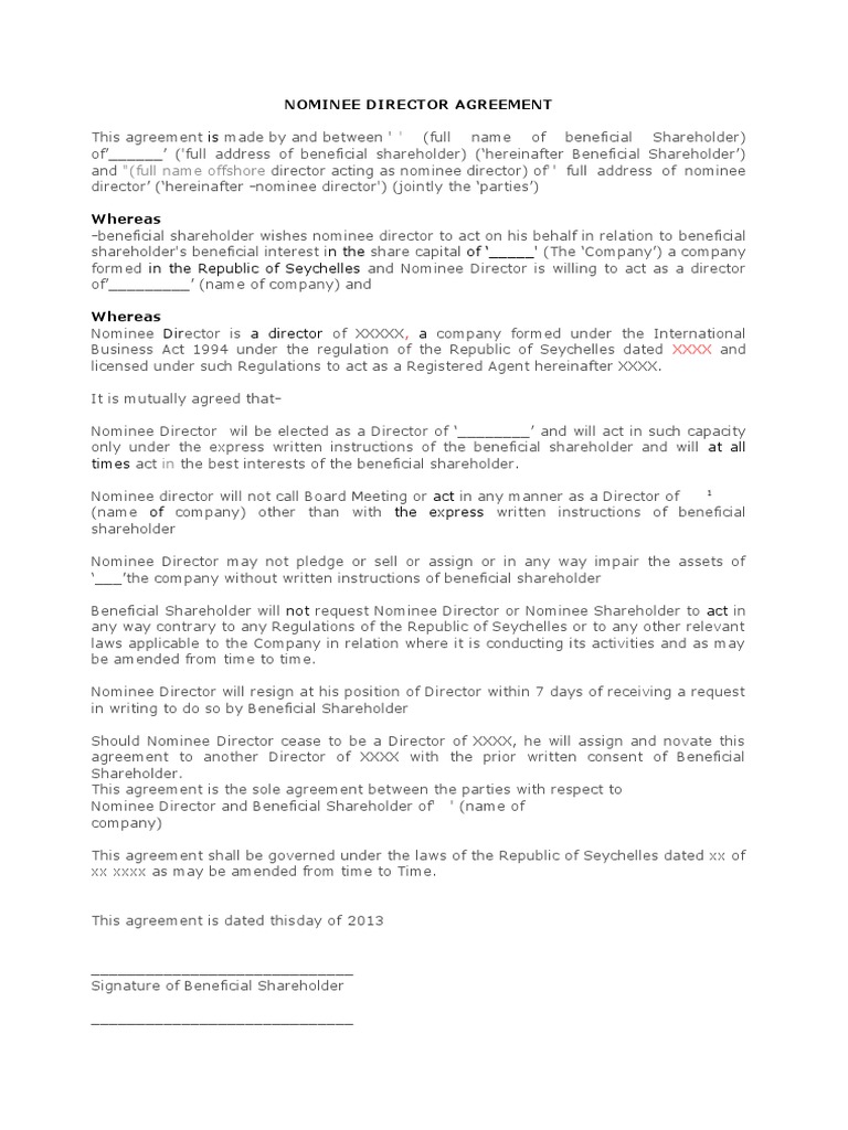 Nominee Agreement