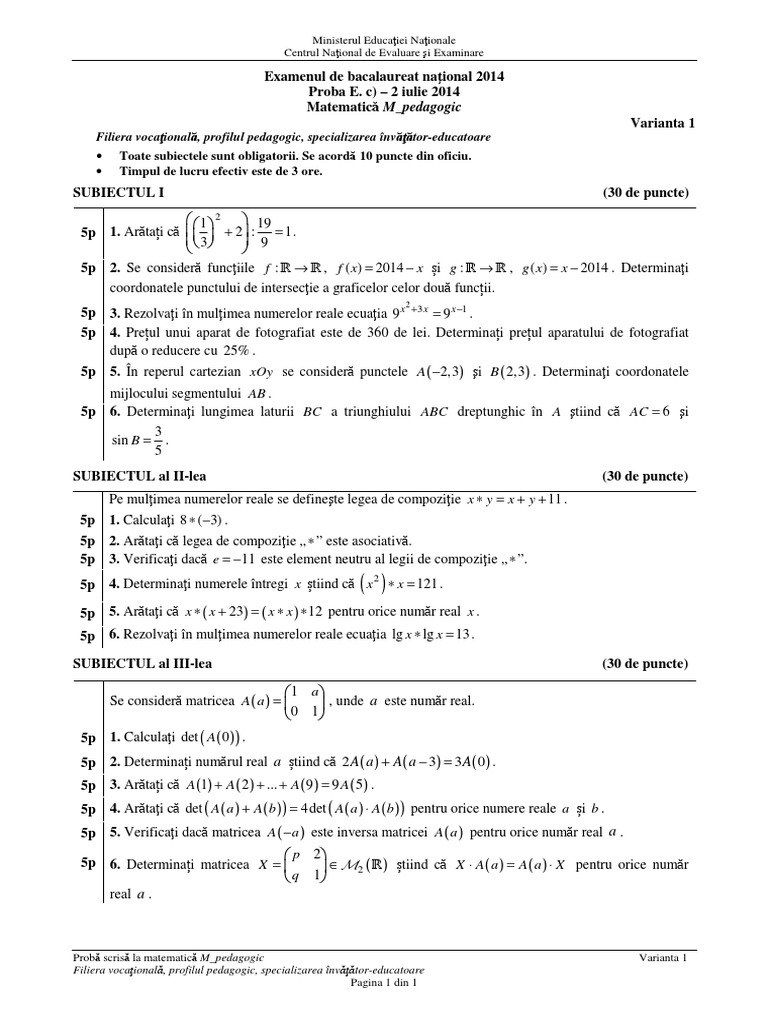 Matematica Pedagogic Bac 2014 | PDF