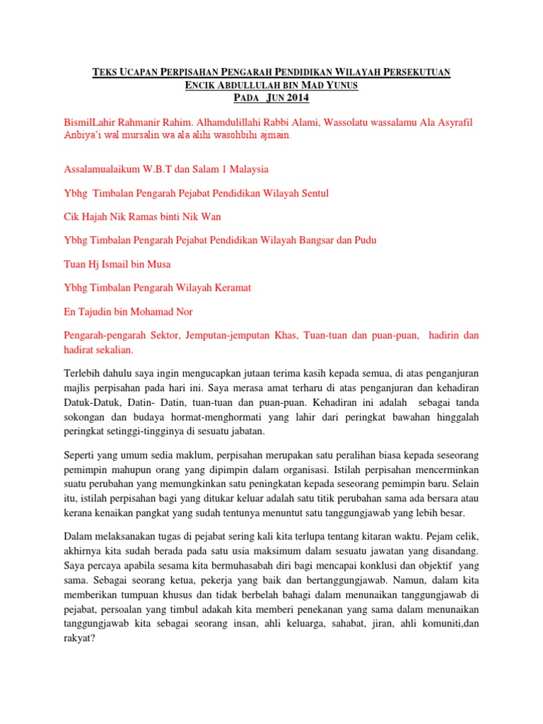Teks Ucapan Perpisahan Pengarah Pendidikan Wilayah Persekutuan