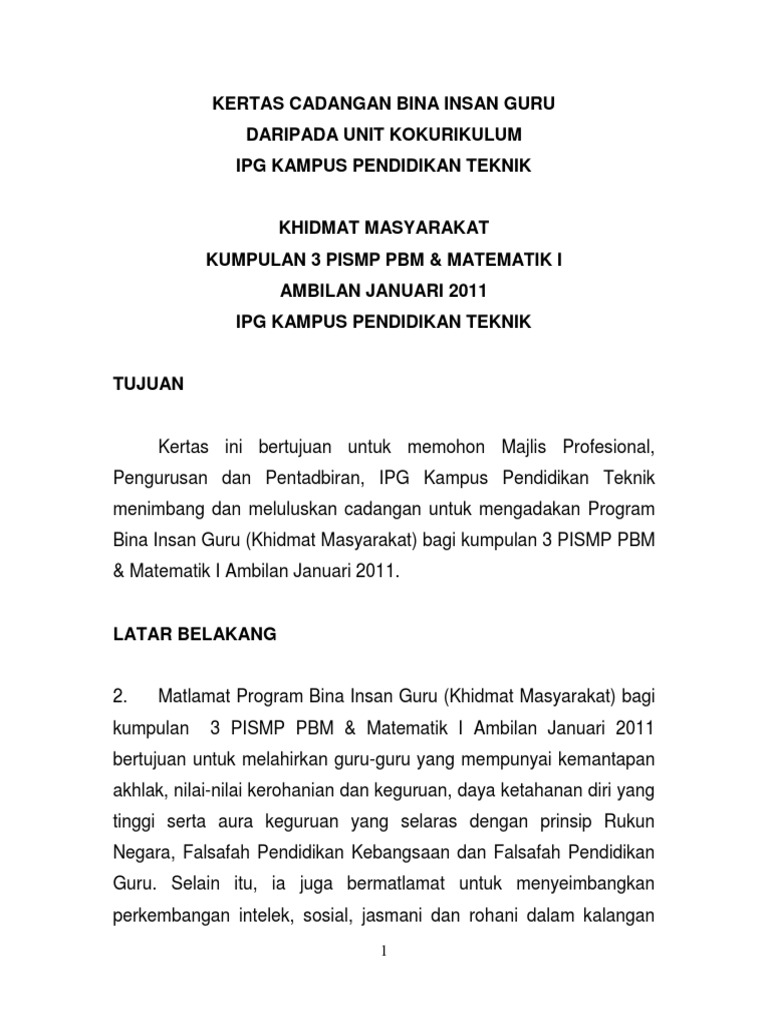Kertas Cadangan Khidmat Masyarakat Big 3 Pismp Pbm Ambilan Januari 2011 Pdf