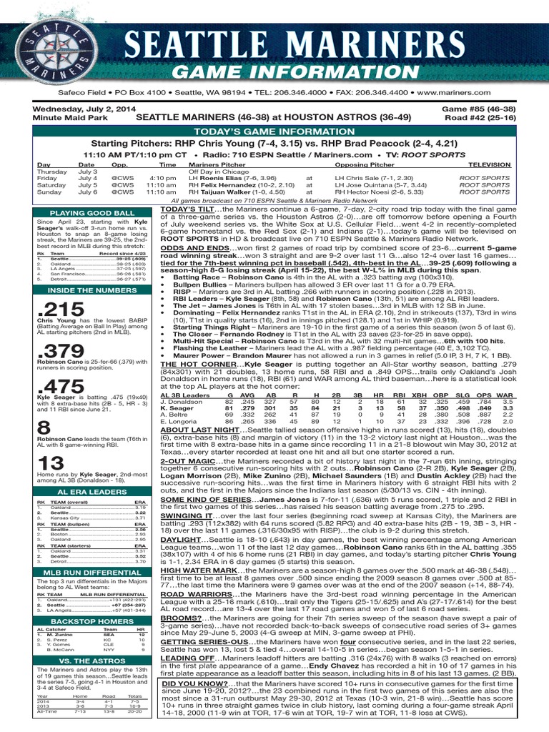 Mariners vs. Astros Game Recap July 2014 | PDF | Home Run | Run (Baseball)
