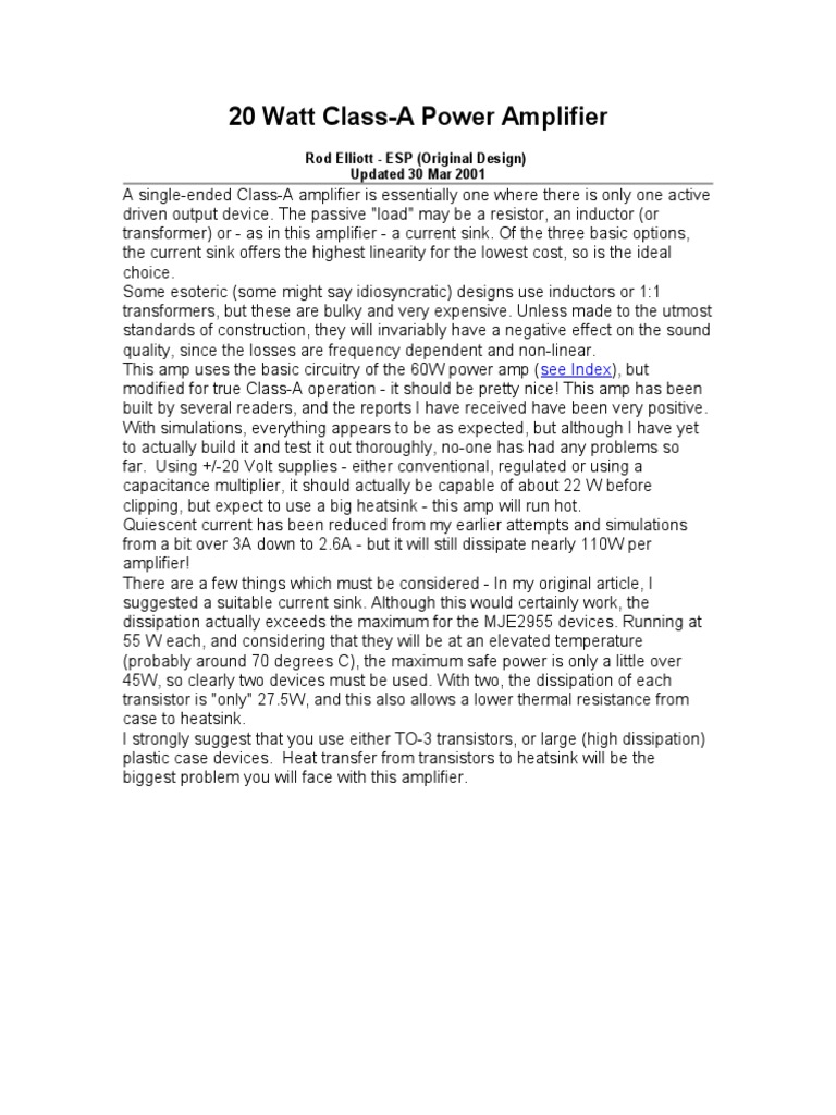 20 Watt ClassA Power Amplifier PDF Amplifier Analog Circuits