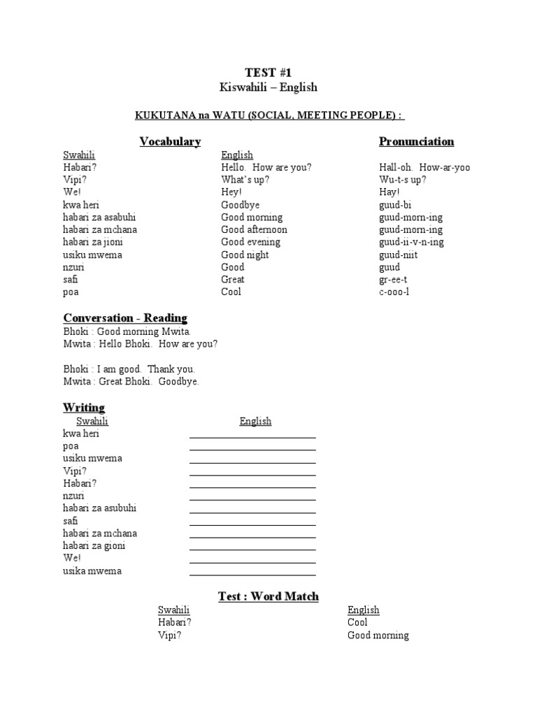 Kiswahili To English Test 1, 2 and 3 PDF Linguistic Typology