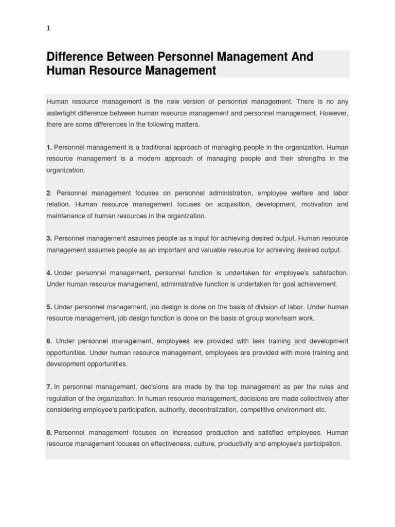 Difference Between Personnel Management and Human Resource Management