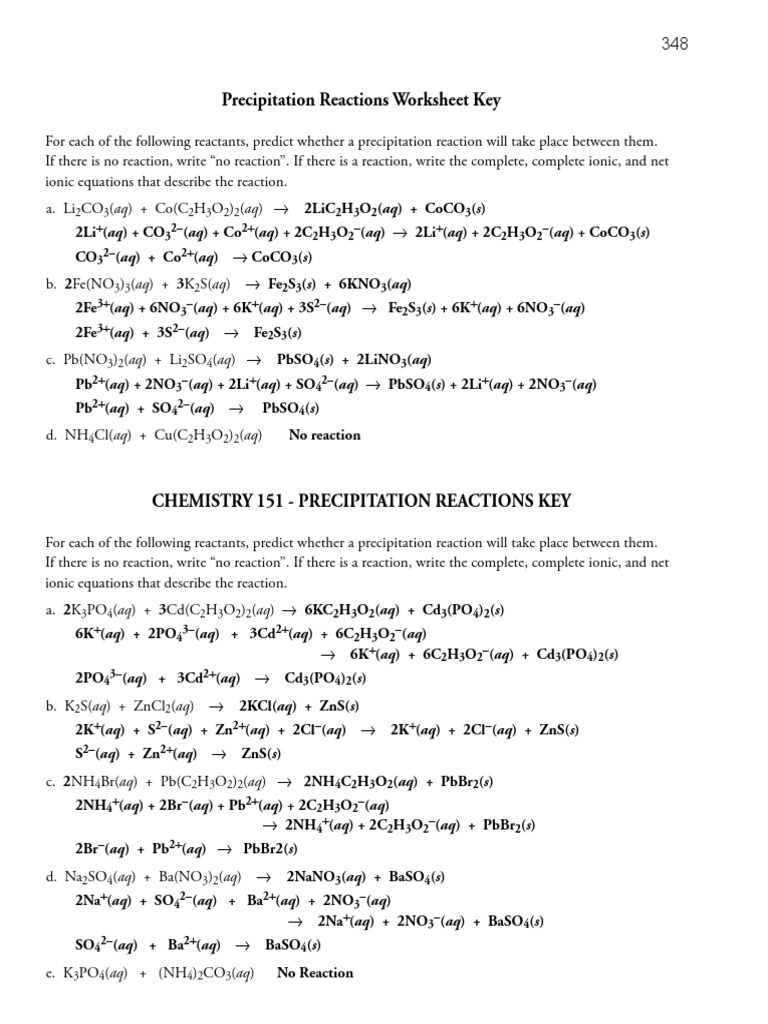 worksheet Precipitation Reactions Worksheet precipitation keys chemical reactions process engineering