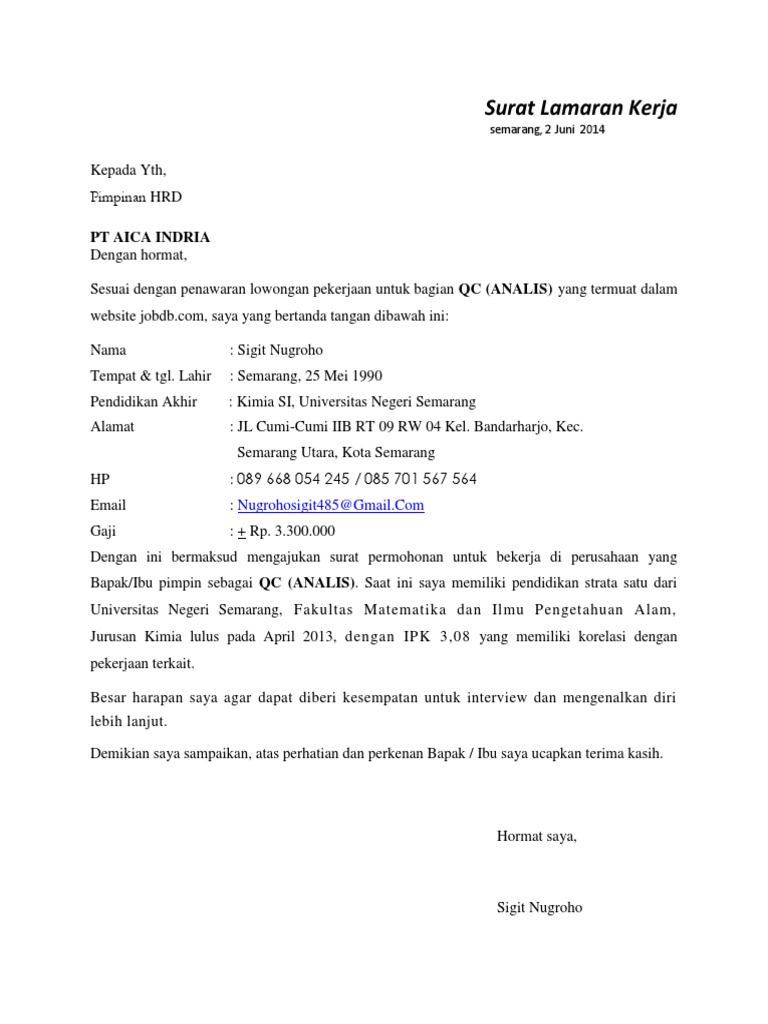 Surat Lamaran Pekerjaan Pt Aica Indria