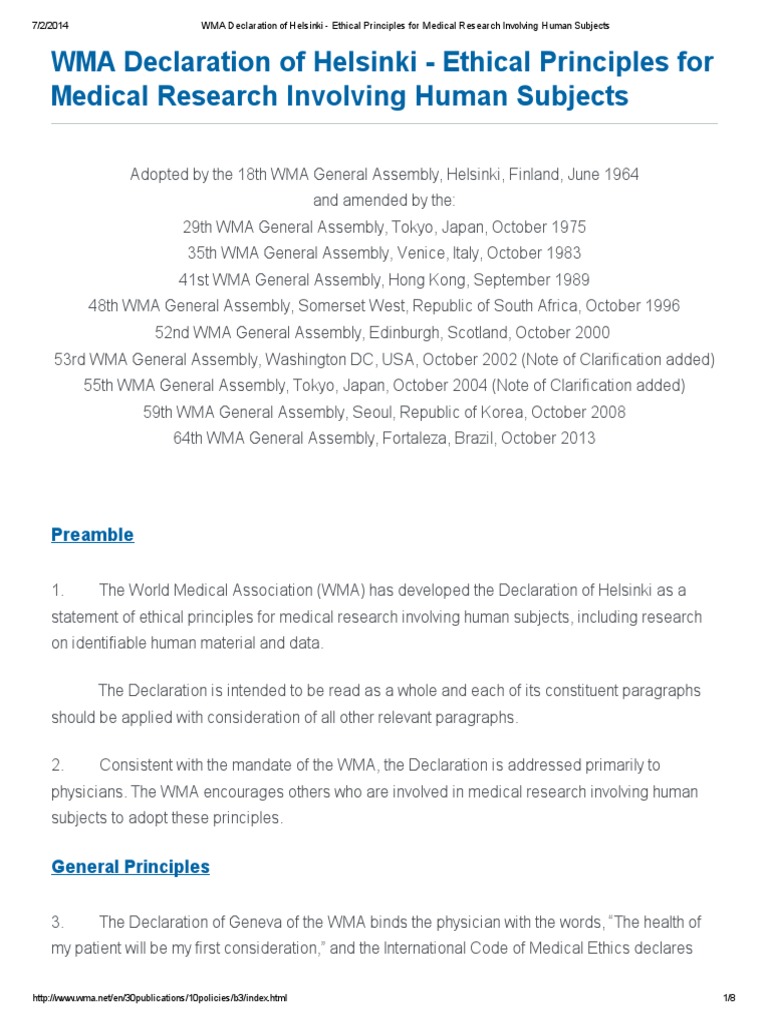 Wma declaration of helsinki ethical principles for medical research