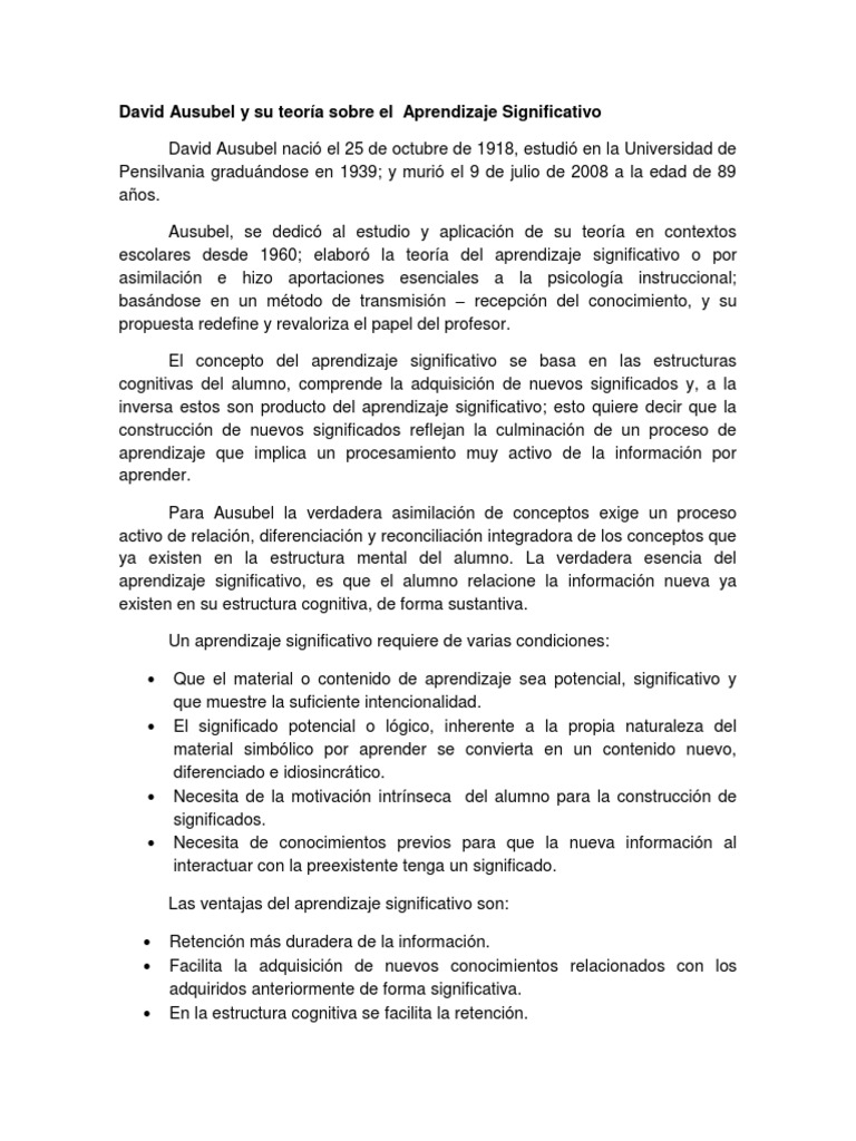 David Ausubel y Su Teoría Sobre El Aprendizaje Significativo | PDF ...