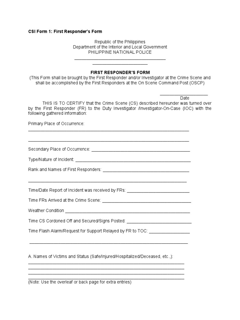 CSI Form 1 First Responder's Form | PDF