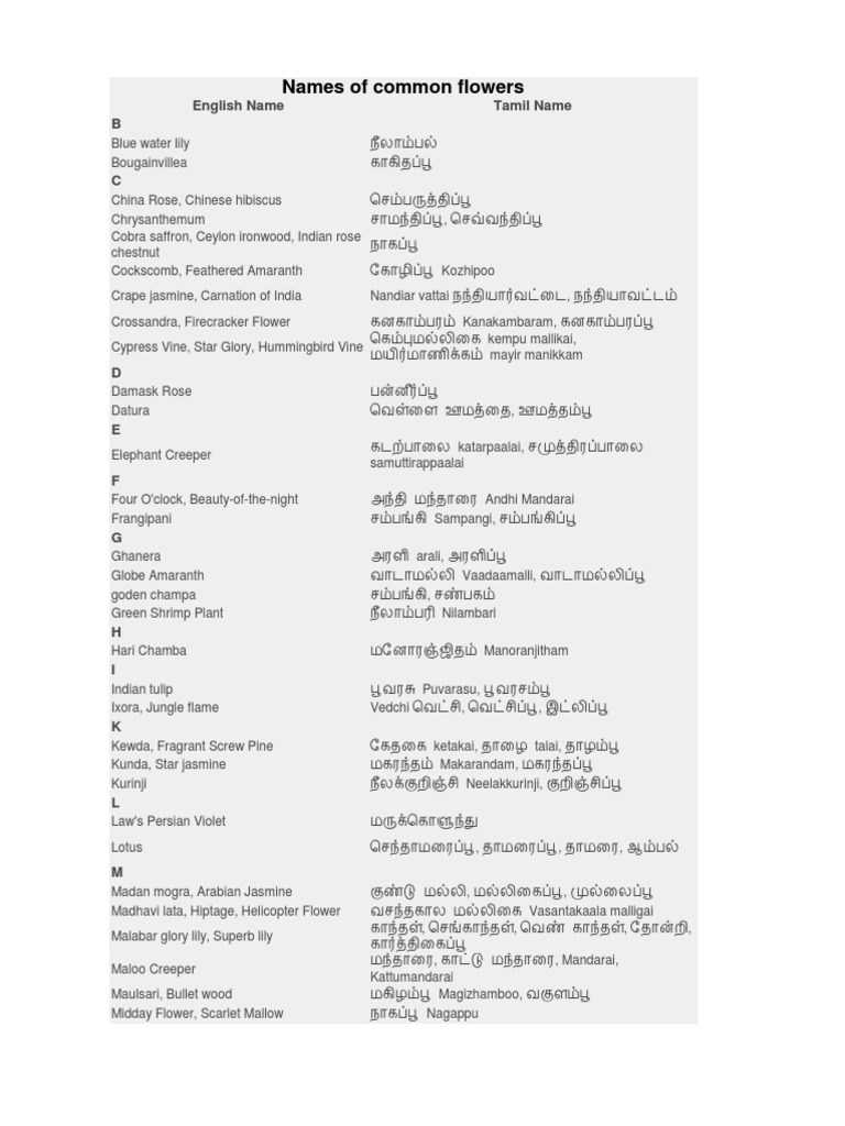 Common Names Of Flowers In Tamil English