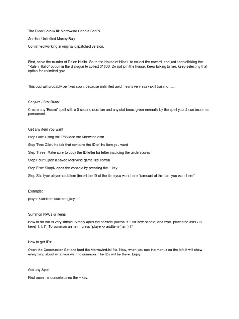 TES III Morrowind Cheats PDF Cheating In Video Games Command Line