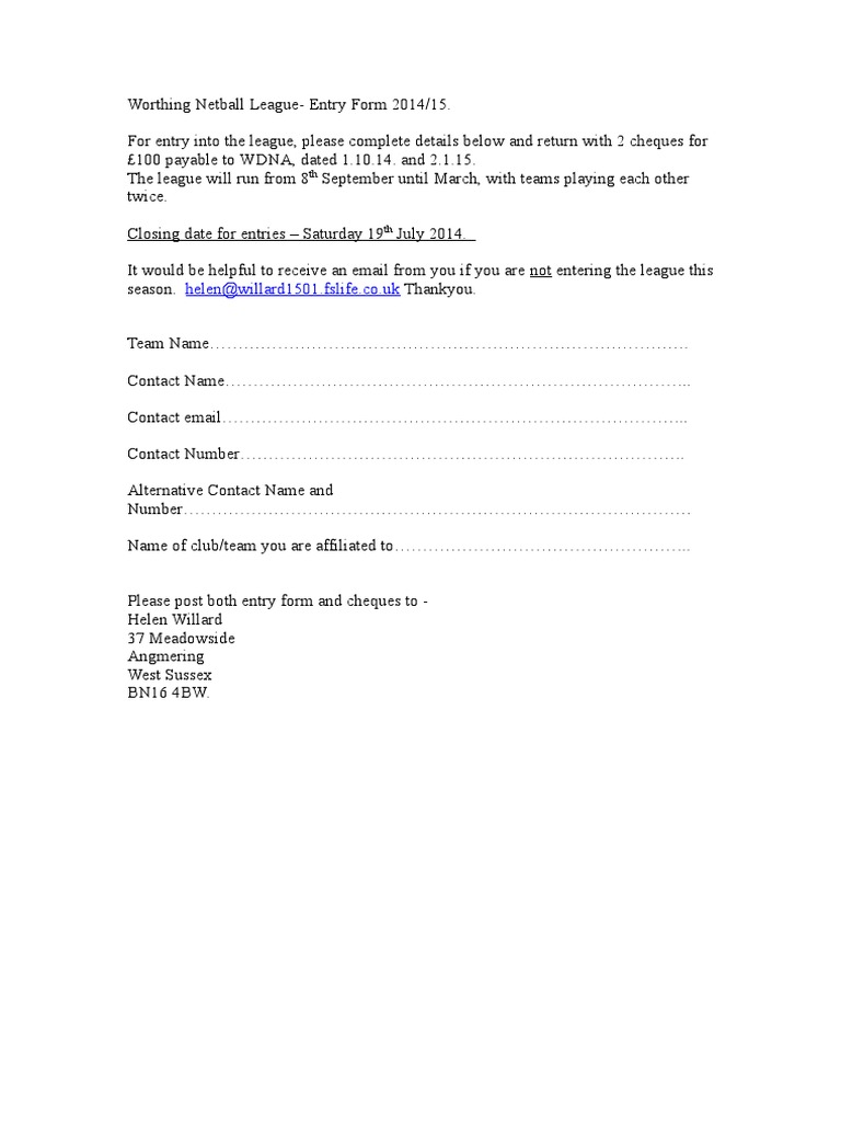 Worthing Netball League Entry 2014/15 | PDF
