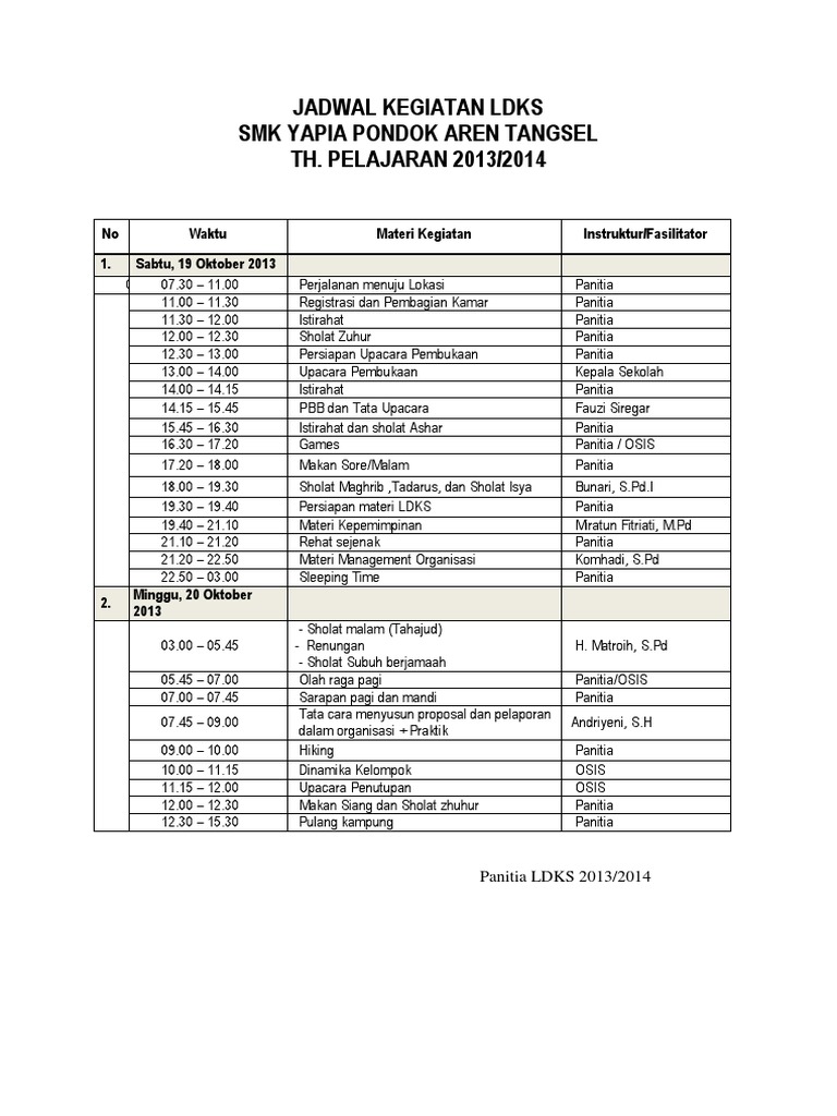 Jadwal Kegiatan Ldks