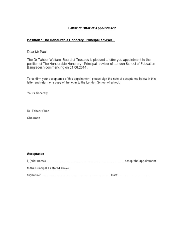 Appointment Letter for Principal Adviser | PDF | Career & Growth ...