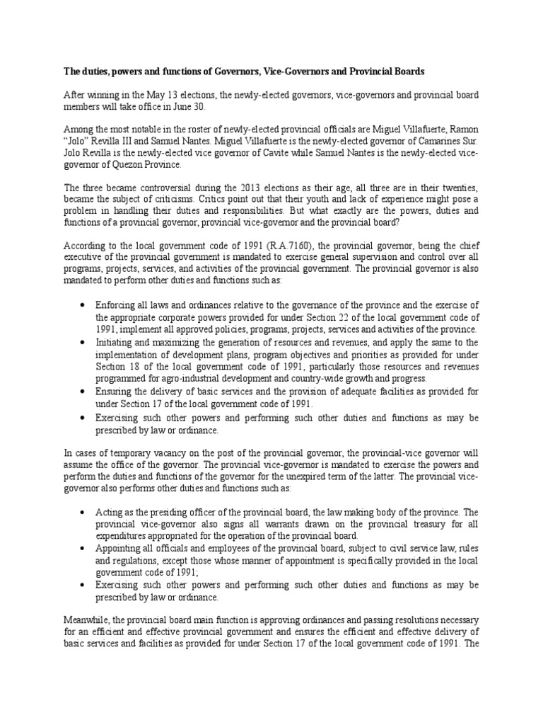 The Duties, Powers and Functions of Governors, ViceGovernors and