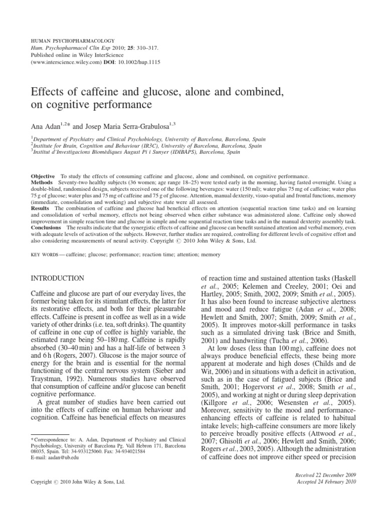 Effects of Caffeine and Glucose, Alone and Combined, On Cognitive ...