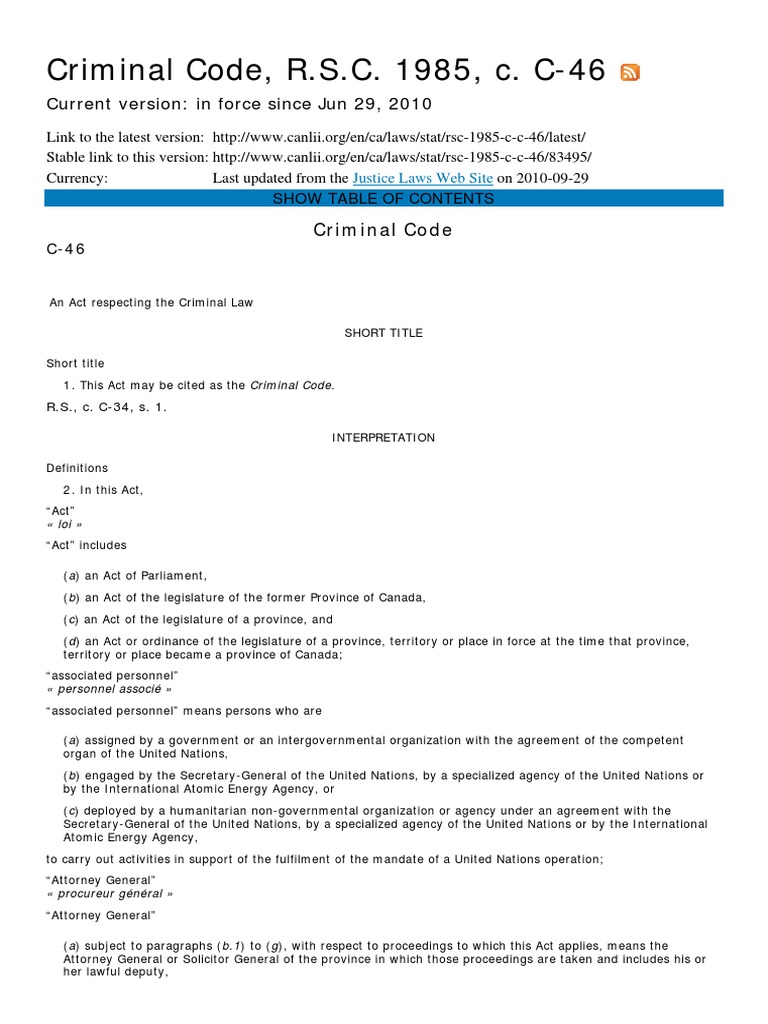 [Canada] Criminal Code, 1885 Court System Of Canada United Nations