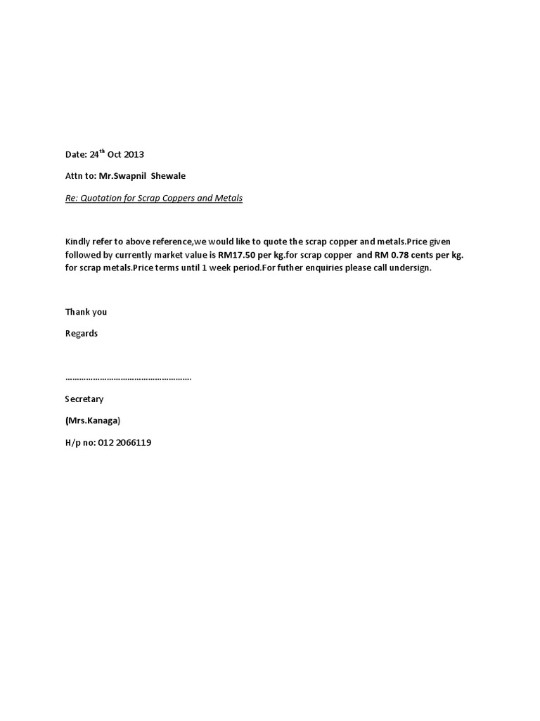 Re: Quotation For Scrap Coppers and Metals: (Mrs - Kanaga) | PDF