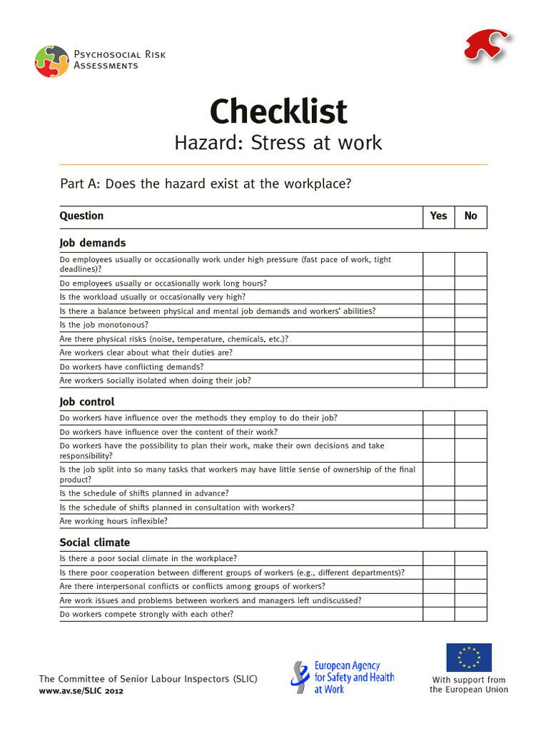 Stress Checklist for Managers Workload Employment
