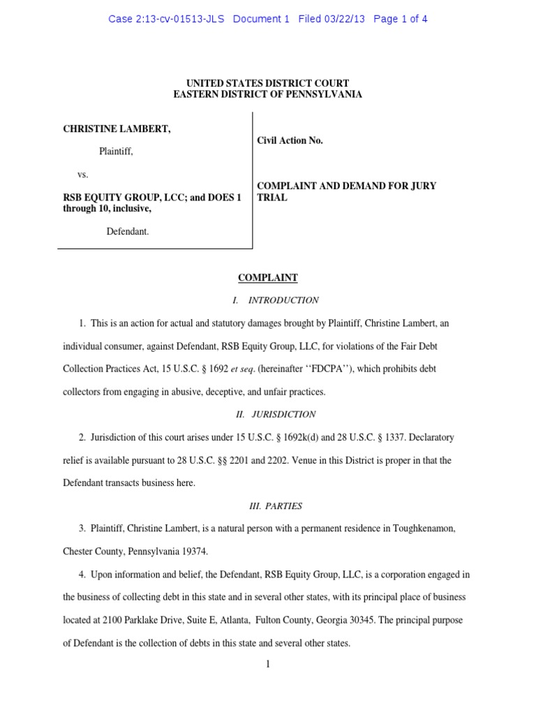 Lambert V RSB Equity Group FDCPA Complaint Collection Agency Lawsuit