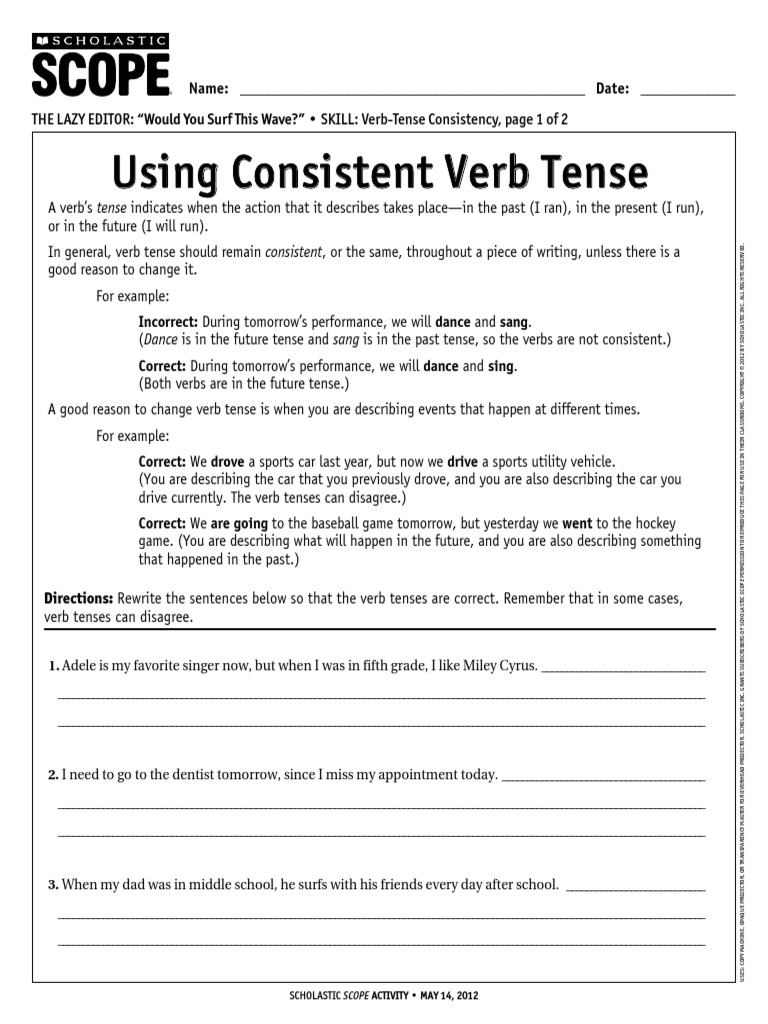 Verb Tense Consistency Worksheets