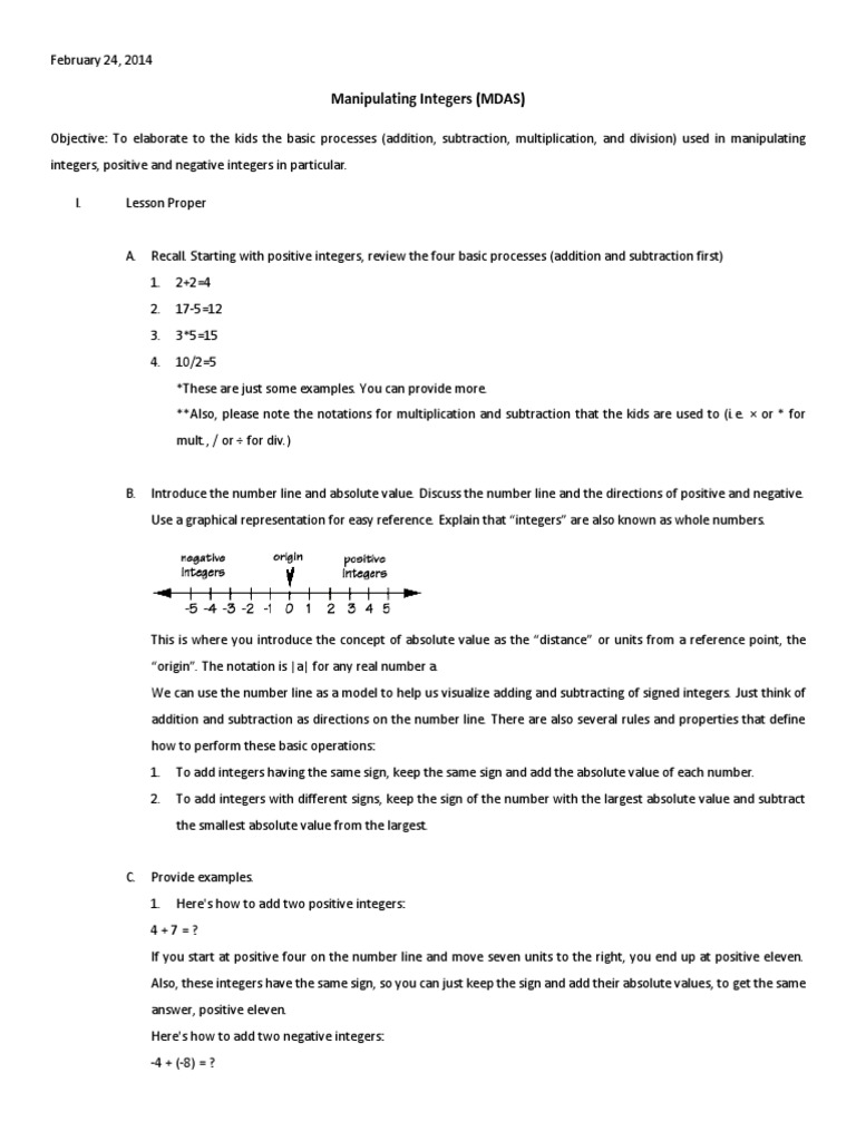 Manipulating Integers (MDAS): A Lesson on Adding, Subtracting ...