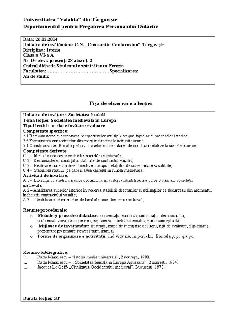 Fisa De Observare A Lectiei Completata