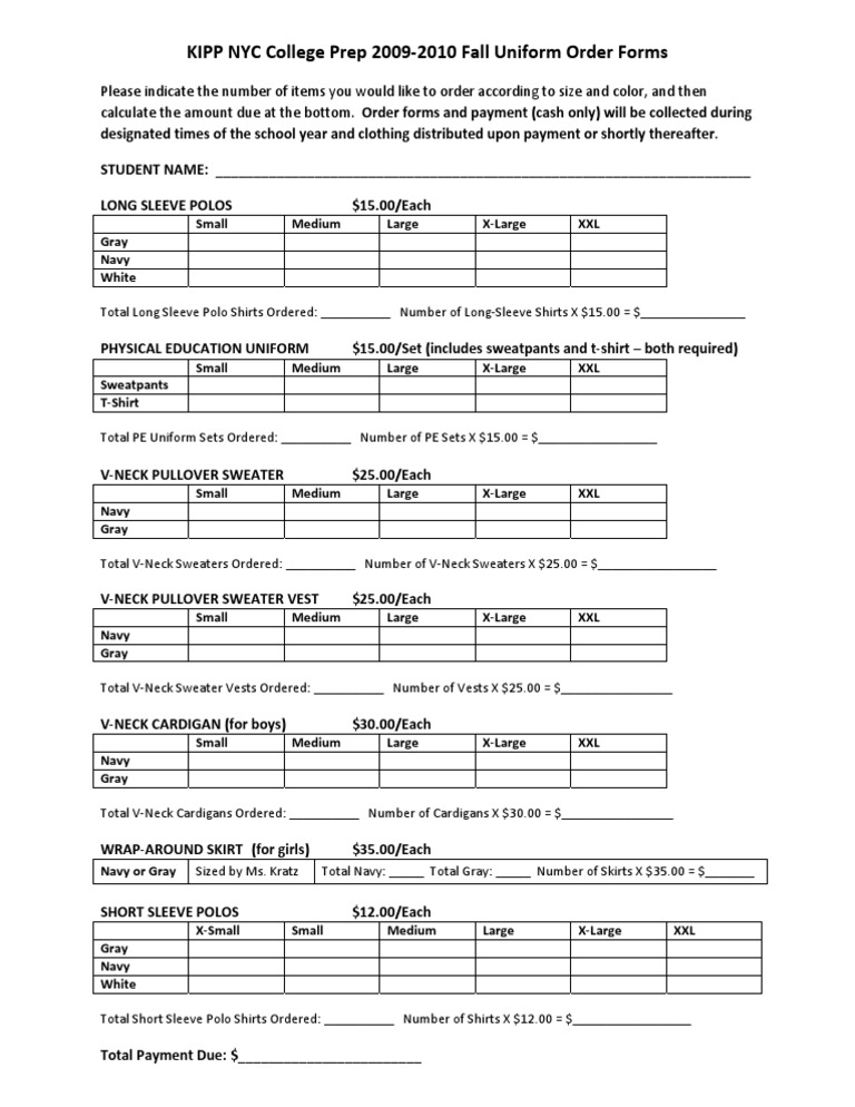 KIPP NYC College Prep Uniform Order Form | PDF | Sweater | Uniforms