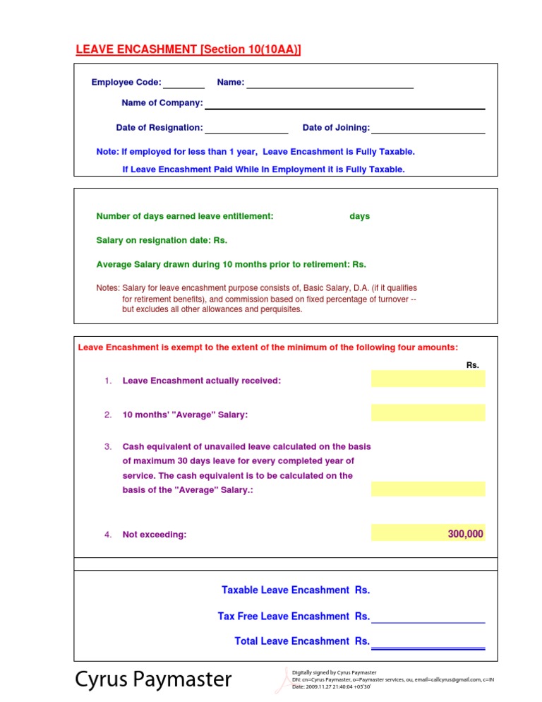 Leave Encashment Tax Free Form PDF